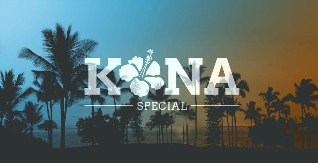 Grafik: Schriftzug Kona Special mit Hibiskusblüte vor Palmensilhouetten im Abendhimmel