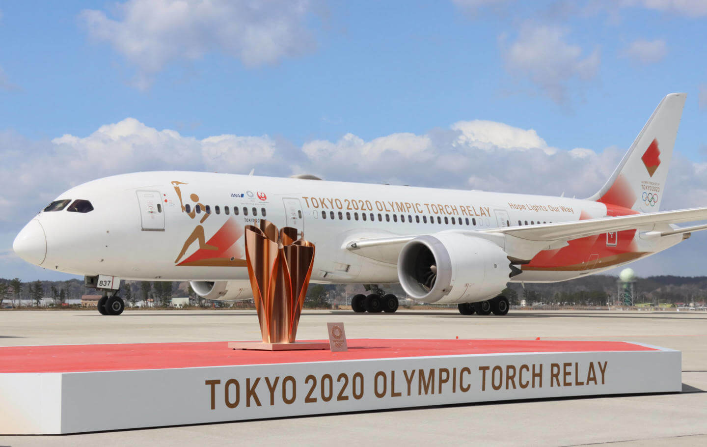March 20, 2020, Higashi Matsushima, Japan - A special plane carrying the Olympic flame arrives at the Matsushima air bas