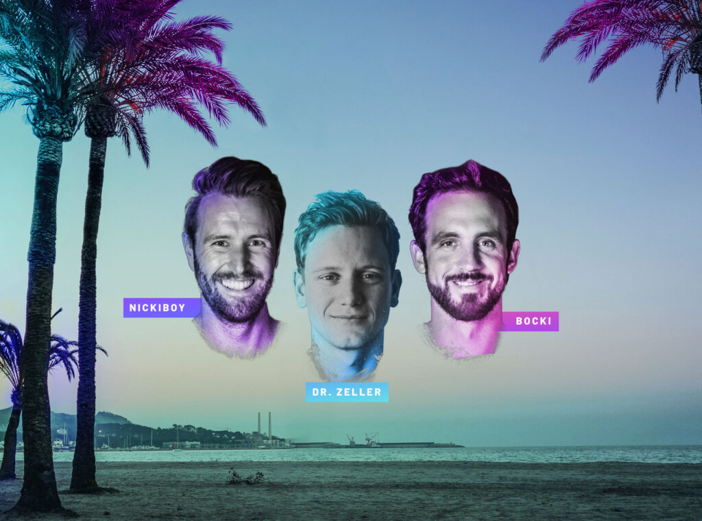 Grafik: freigestellte Porträts von Nickiboy, Dr. Zeller und Bocki vor Palmen an einem Strand in der Dämmerung
