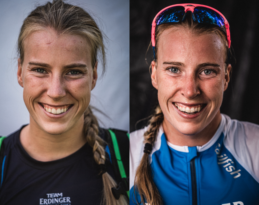 Portrait einer Sportlerin vor und nach einem Triathlon