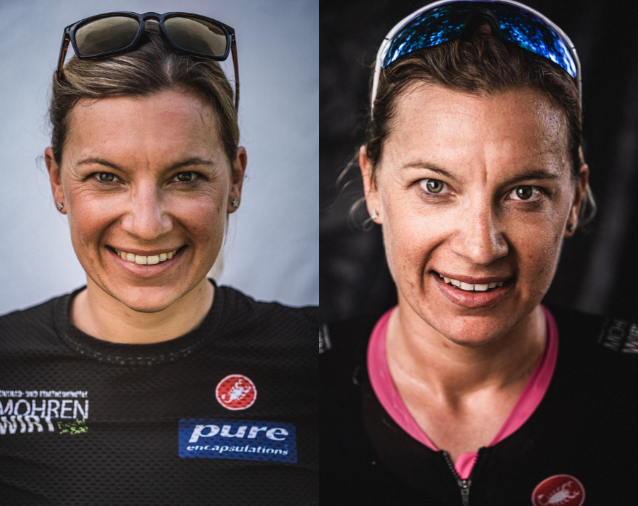 Portrait einer Sportlerin vor und nach einem Triathlon