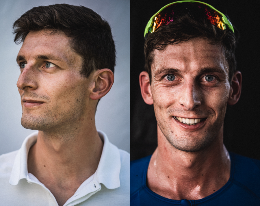 Portrait eines Sportlers vor und nach einem Triathlon