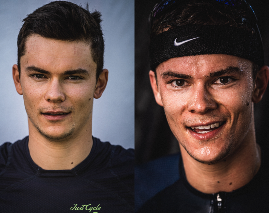 Portrait eines Sportlers vor und nach einem Triathlon