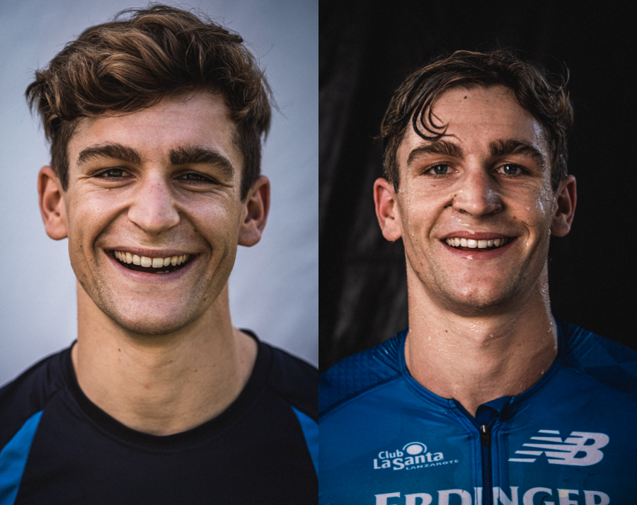 Portrait eines Sportlers vor und nach einem Triathlon