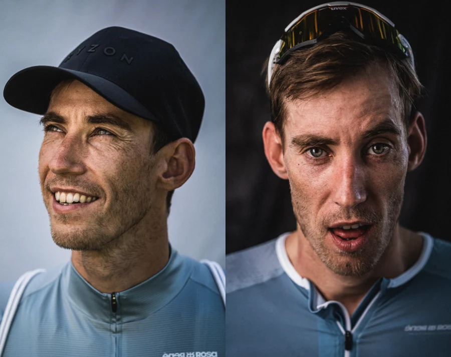 Portrait eines Sportlers vor und nach einem Triathlon