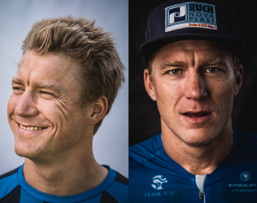 Portrait eines Sportlers vor und nach einem Triathlon