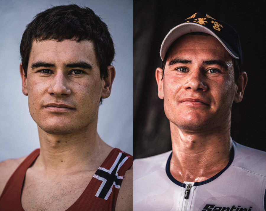 Portrait eines Sportlers vor und nach einem Triathlon