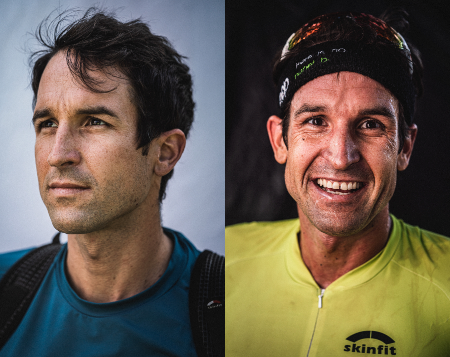 Portrait eines Sportlers vor und nach einem Triathlon