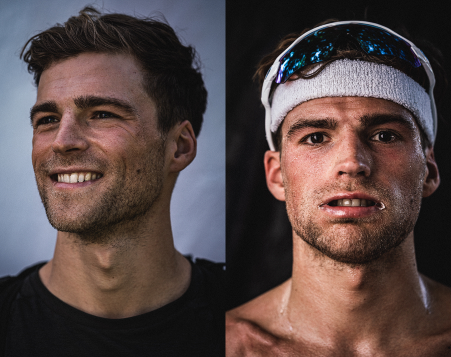 Portrait eines Sportlers vor und nach einem Triathlon