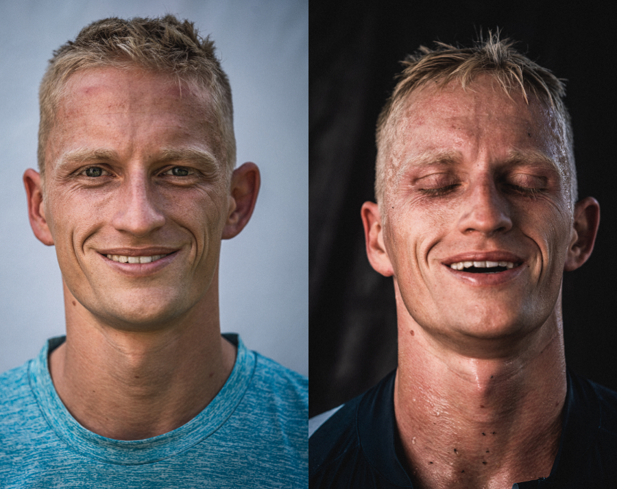 Portrait eines Sportlers vor und nach einem Triathlon