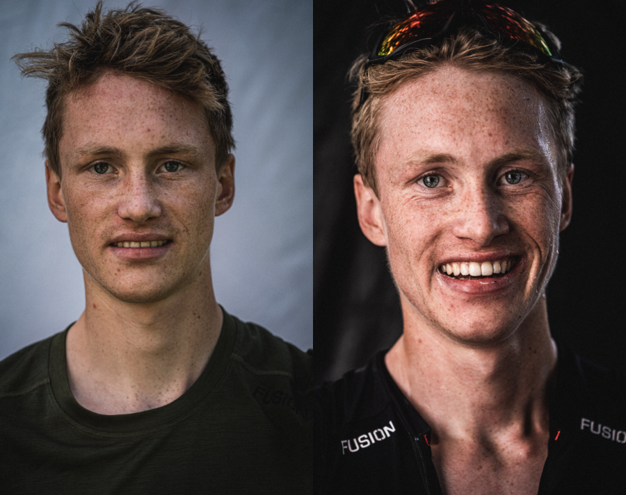 Portrait eines Sportlers vor und nach einem Triathlon