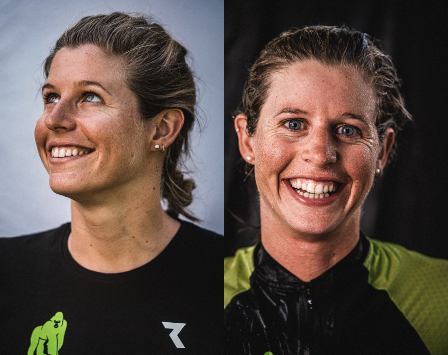 Portrait einer Sportlerin vor und nach einem Triathlon