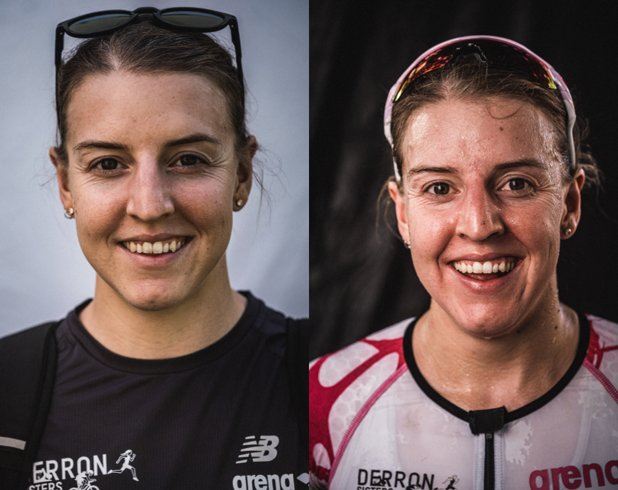 Portrait einer Sportlerin vor und nach einem Triathlon