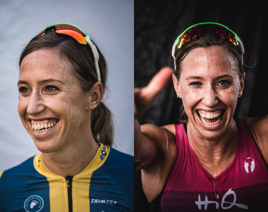 Portrait einer Sportlerin vor und nach einem Triathlon