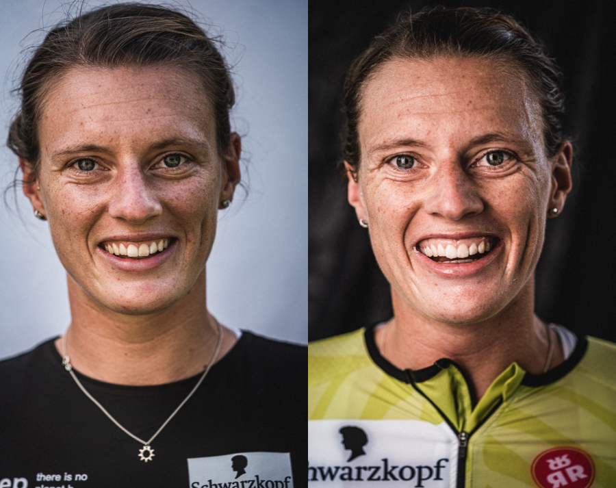 Portrait einer Sportlerin vor und nach einem Triathlon