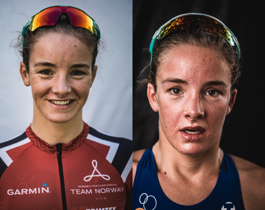 Portrait einer Sportlerin vor und nach einem Triathlon