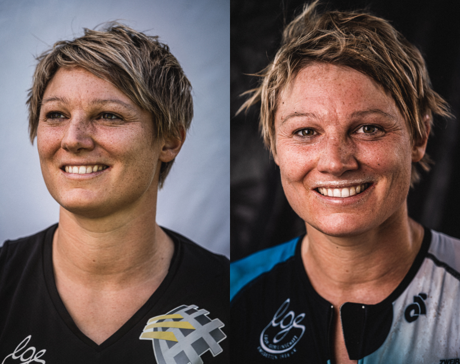 Portrait einer Sportlerin vor und nach einem Triathlon