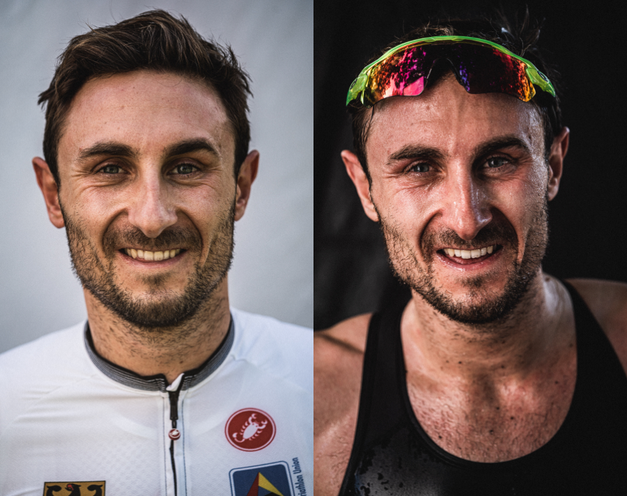 Portrait eines Sportlers vor und nach einem Triathlon
