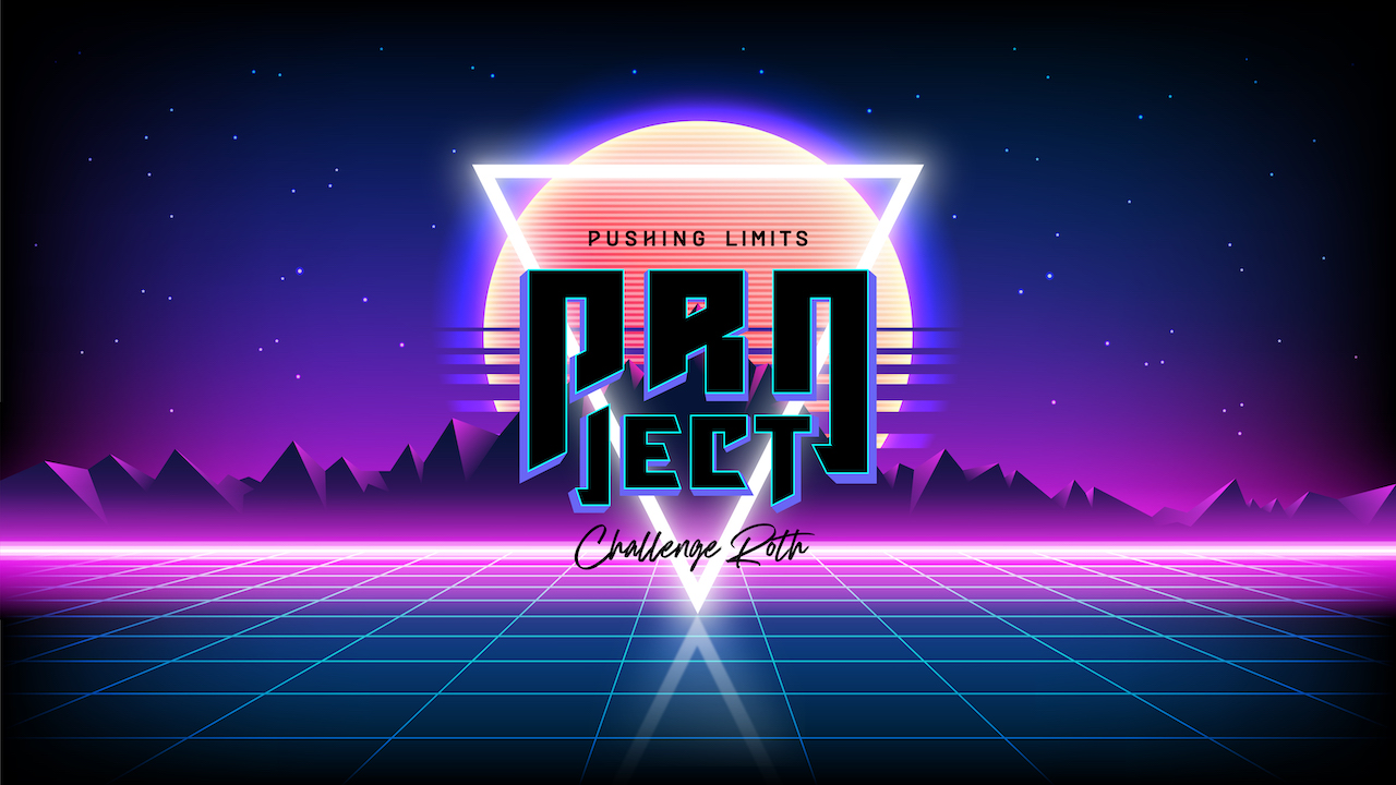 Grafik: Logo Pushing Limits PRO:JECT Challenge Roth im Retro-Look mit Neonsonne, Bergen und Gitterboden