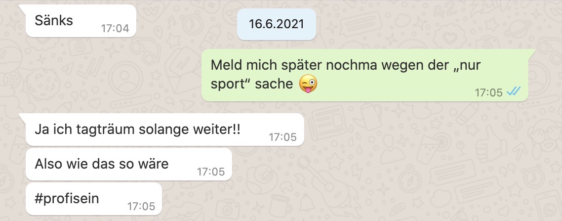 Screenshot: WhatsApp-Chat vom 16. Juni 2021 mit dem Startschuss für das Profi-Projekt zur Challenge Roth