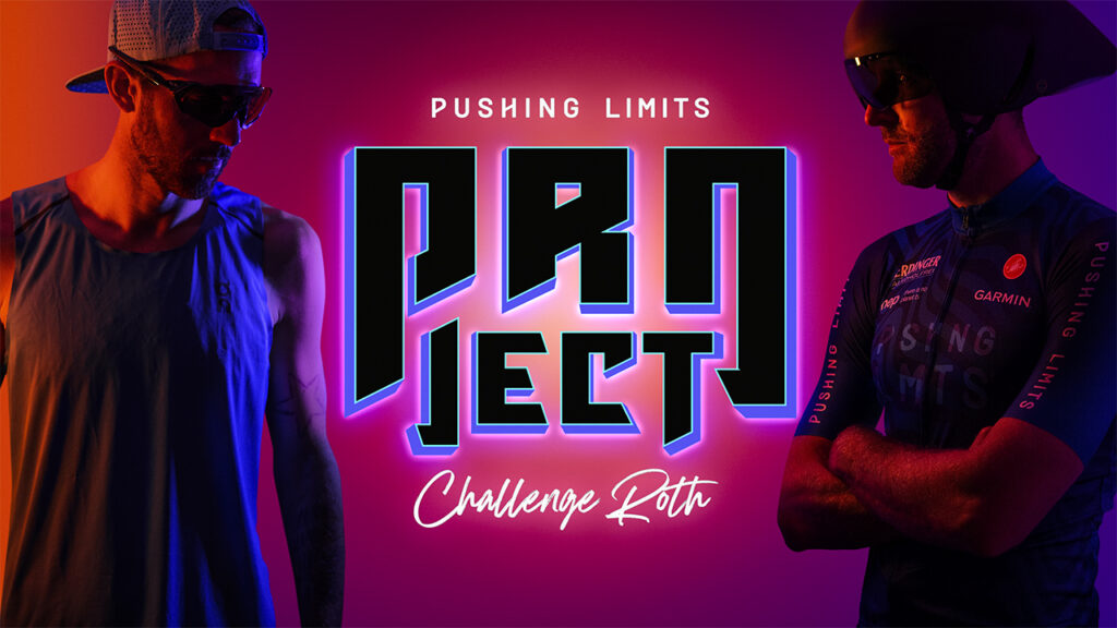 Grafik: Schriftzug Pushing Limits Project Challenge Roth in Neonoptik zwischen zwei Athleten