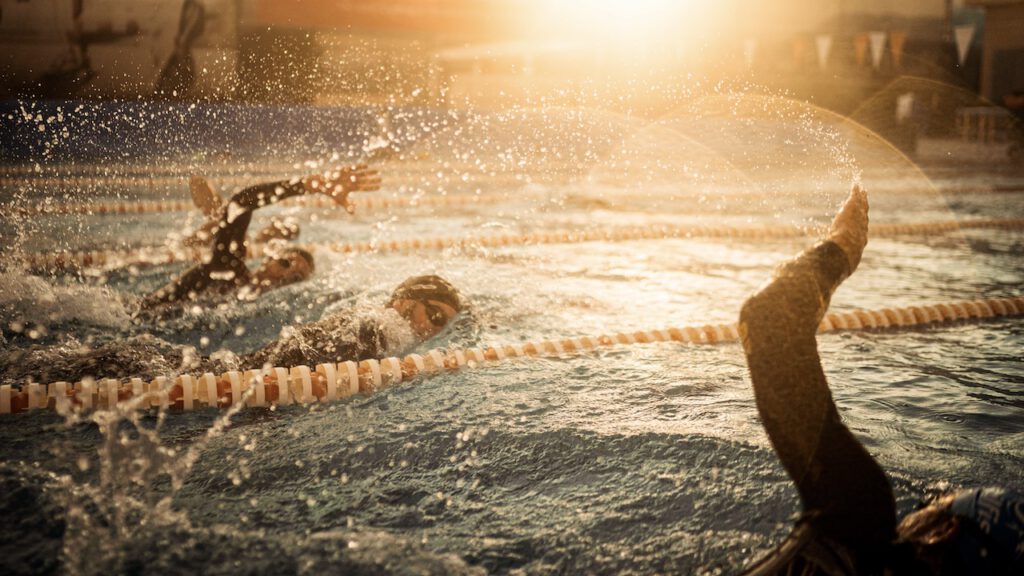 Schwimmer in Neoprenanzügen kraulen im goldenen Gegenlicht durch ein Becken mit Bahnleinen