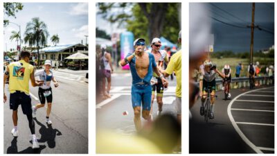 Collage von der Ironman-WM auf Hawaii: Läuferin mit Begleiter, Athlet an der Verpflegung und Radfahrer in einer Kurve