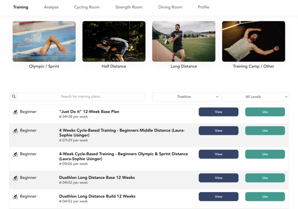 Screenshot: Trainingspläne der Pushing Limits Club App nach Distanz sortiert, darunter Pläne für Einsteiger